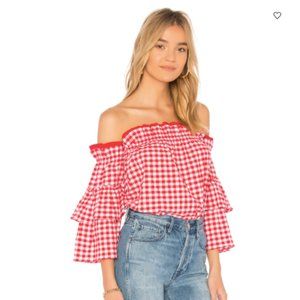 MISA Los Angeles Sabina off the shoulder Gingham top Red NWT